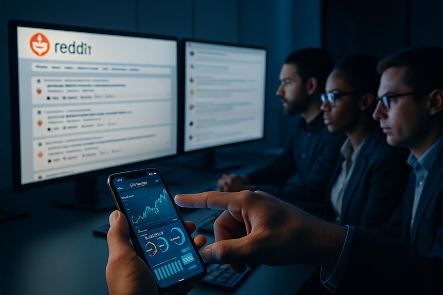 Trader checking broker reputation on Reddit via mobile while team reviews trading dashboards