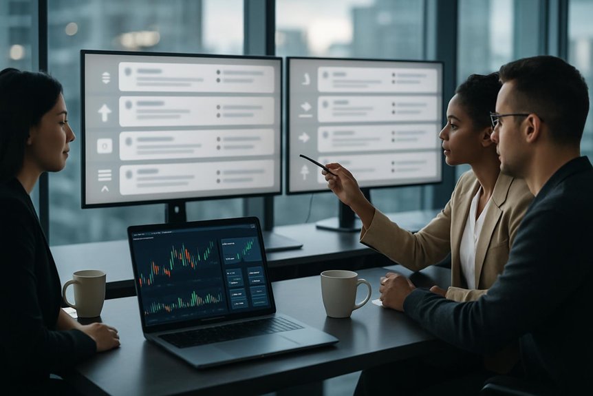 Marketing team analyzing Reddit-style discussion threads on widescreen monitors for fintech brand reputation